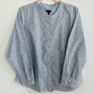 Talbots Blue Striped Button Down Long Sleeve Shirt with Golden Hearts Size L